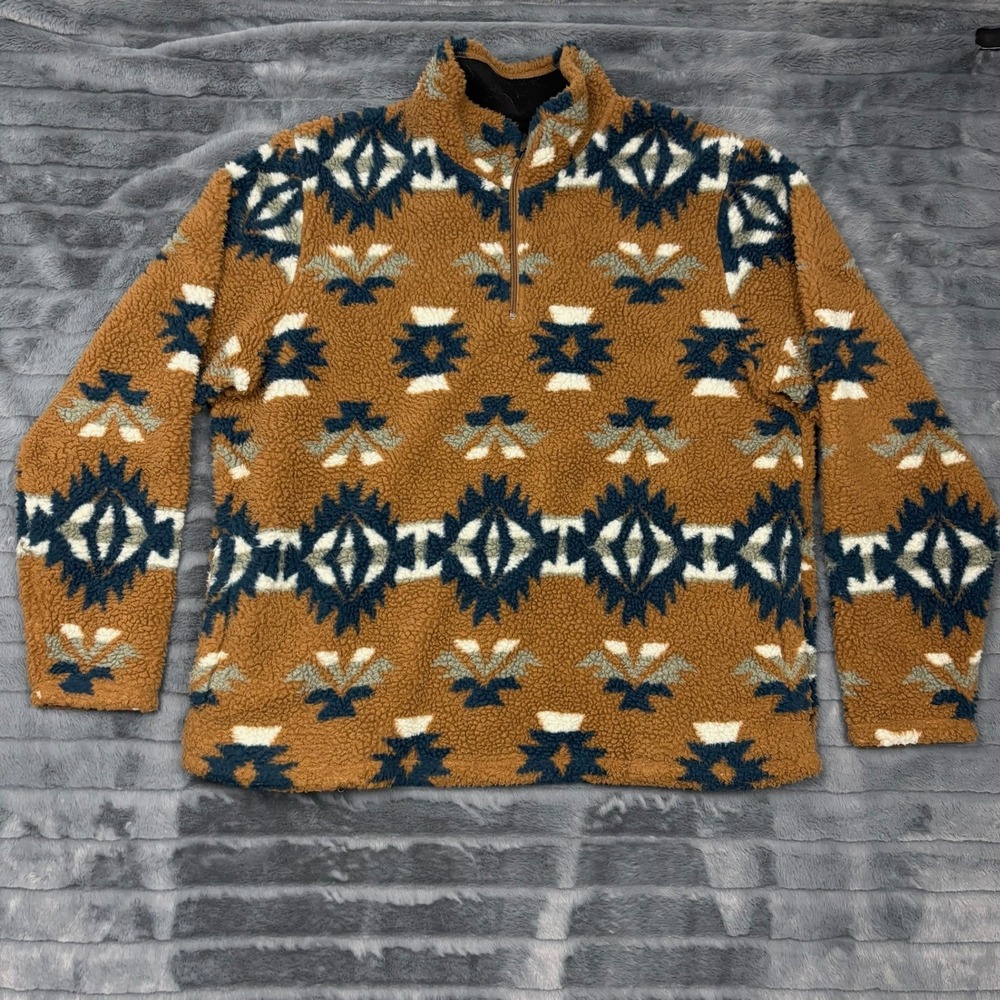 Wrangler Mens Southwestern Sherpa Fleece Quarter Zip Pullover Brown Navy Large